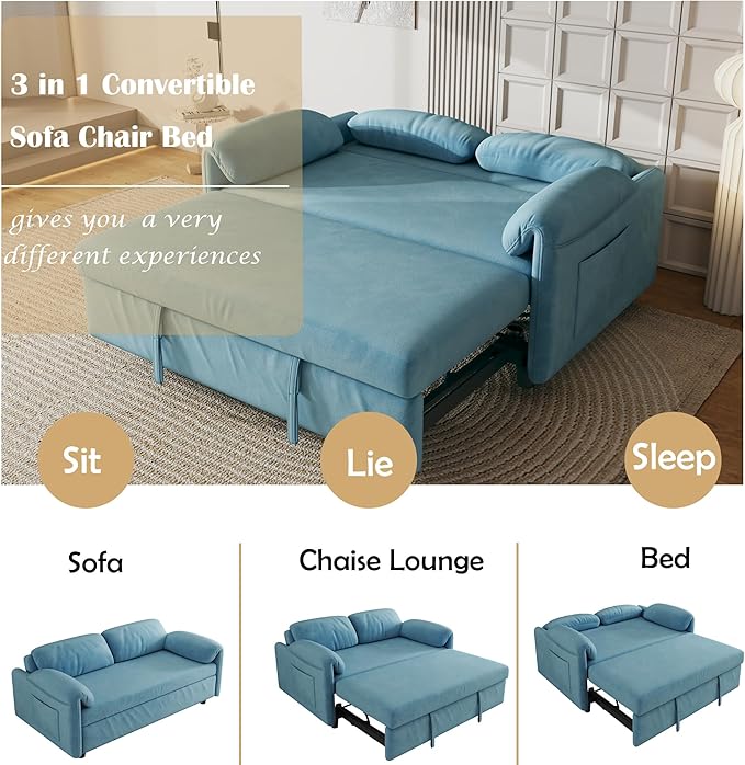 KEIKI 3 in 1 Convertible Pull Out Sofa Bed with Adjustable Backrest &amp Side Pockets Velvet Recliner Couch Sleeper Sofa Chair for Living Room Small Spaces Full Blue