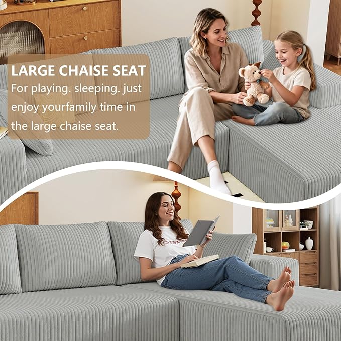96 Modular Sectional Couch Boneless L Shaped Cloud Sofa with Chaise Lounge Corduroy Upholstered Couches Memory Foam Deep Seat No Assembly Required Ideal for Living Room(Light Gray Right Facing)