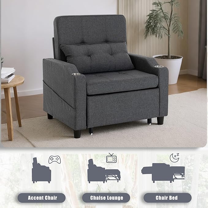 Sleeper ChairSingle Armchair Sofa with PillowAdjustable Backrest Recliner Sofa Modern Pull Out Couch Bed with USB Port Cup Holder Side Pocket for Living Room Bedroom(Dark Grey)