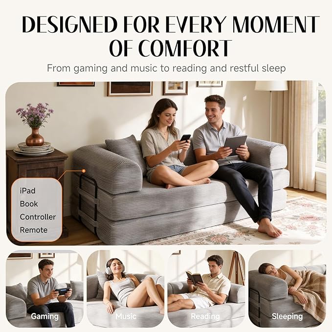 79 Corduroy Sofa Bed Boneless Couch in a Box with 2 Pillows High-Density Foam 4-in-1 Foldable Sleeper Futon Loveseat for Small Spaces No Assembly Side Pockets Light Grey