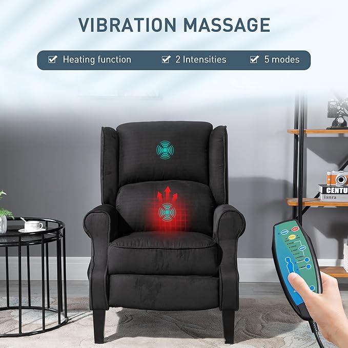 HOMCOM Vibration Massage Recliner Chair for Living Room with Heat Wingback Single Sofa Modern Suede Fabric Push Back Reclining Chair with Footrest Side Pocket Black