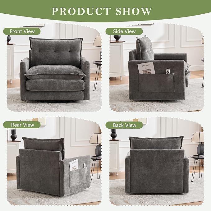cinkehome Oversized Swivel Chair 36 Swivel Armchair Accent Chair for Living Room Mid Century Modern Thick Padded Arm Chairs Memory Foam Chenille Gray