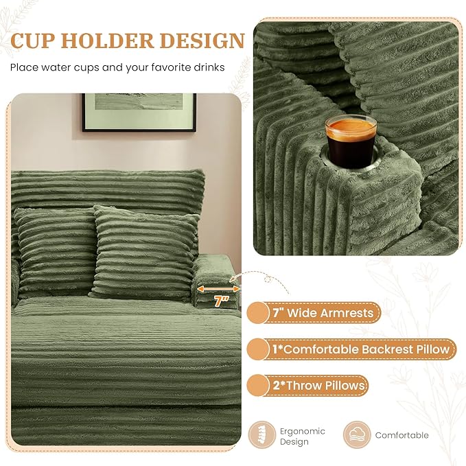 Chaise Lounge Chair Indoor 39 W Plush Corduroy Oversized Chair with Ottoman Upholstered Cozy Chaise with Cup Holder Modern Deep Seat Comfy Sofa Armchair for Living Room Bedroom(Green)