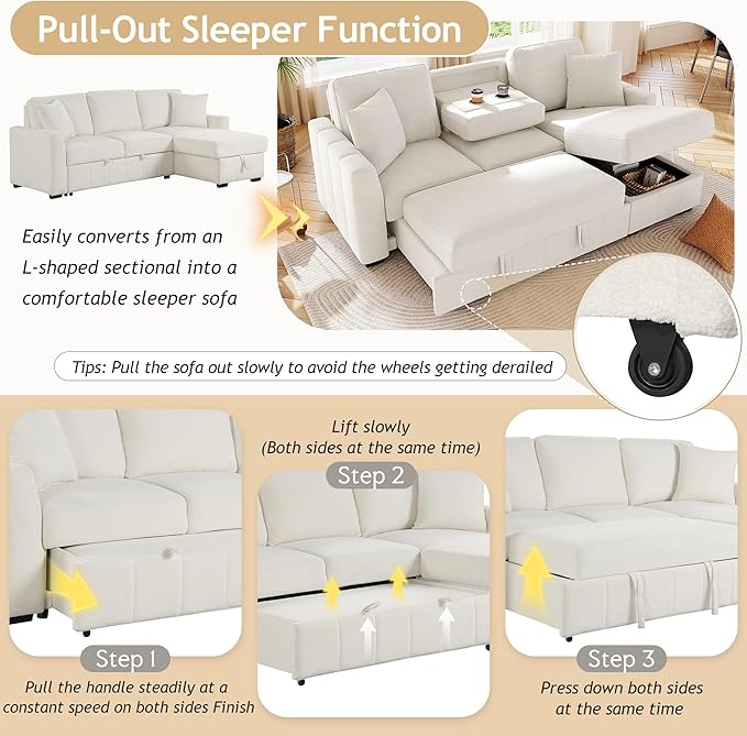 90 L-Shaped Sectional Sleeper Sofa with Reversible Storage Chaise Warp-Knitted Fabric Upholstered Modular Couch with Drop-Down Center Back Cushion with Dual Cup Holders for Living Room (Beige-10)
