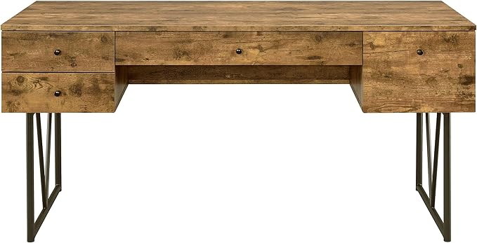 BOWERY HILL Farmhouse Wood Writing Desk 63 W Antique Nutmeg Finish Black Metal Base 4 Drawers with Full Extension Glides Rustic Industrial Office Desk for Home Workspace or Study