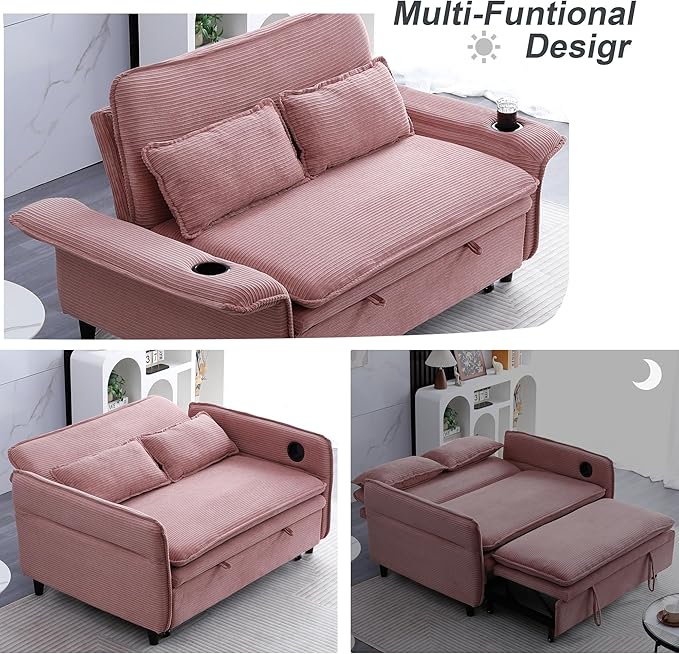 3 in 1 Convertible Sleeper Sofa Bed Loveseat Sleeper 65” Pull Out Couch Adjustable Armrest and Backrest with 2 Pillows for Living Room Bedroom (Pink)
