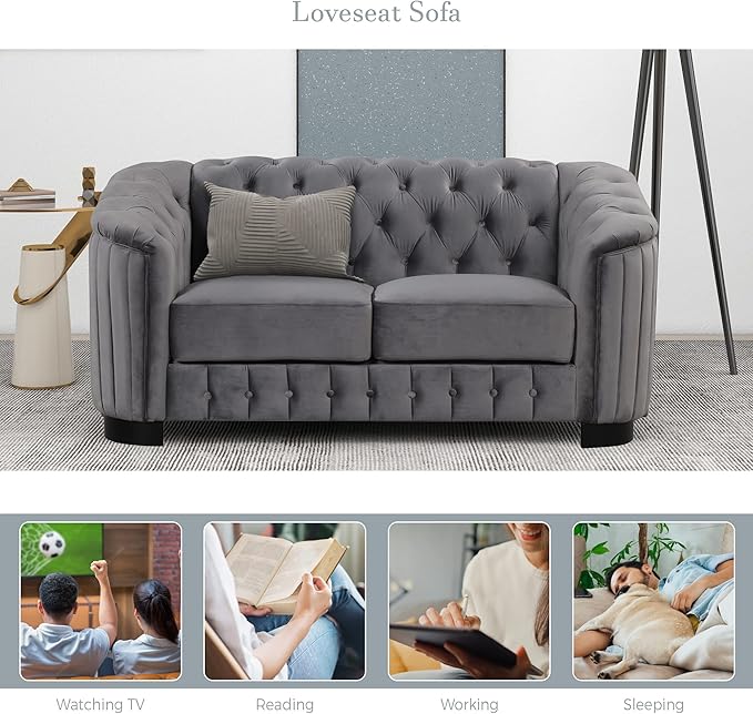 64.3 Velvet Upholstered Loveseat SofaModern Loveseat Sofa with Thick Removable Seat Cushion for Living RoomBedroomor Small SpaceGrey