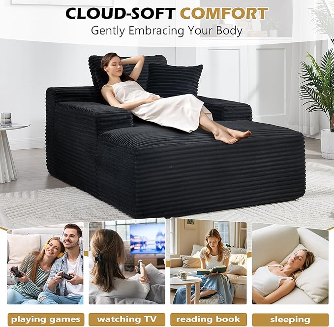 66 Oversized Chaise Lounge Chair Indoor Corduroy Upholstered Sofa Bed with Pocket Springs&ampHigh-Density Foam Deep Seat Sleeper Couch with 3 Pillows No Assembly for Living Room (Black)