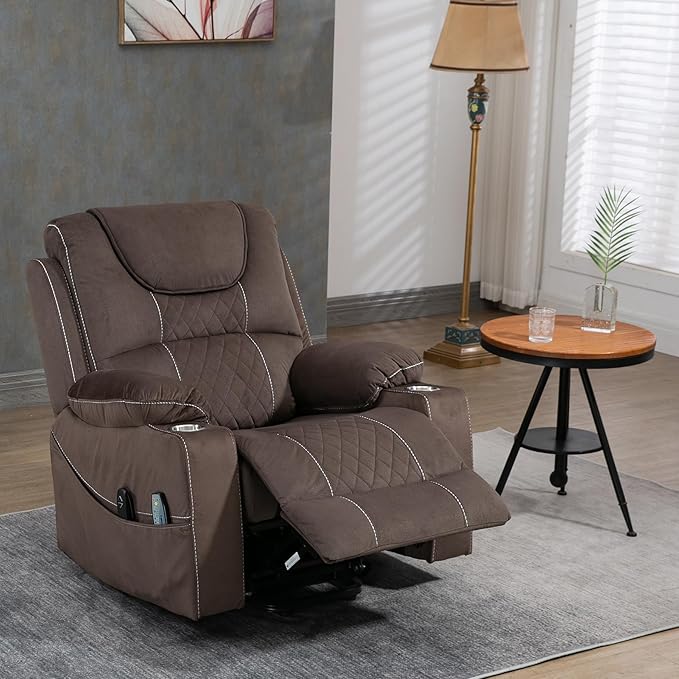 Oversized Power Lift Recliner Chair for Big and Tall 400 LBS Elderly 26 Large Electric Recliner Chair with Massage and Heating Lay Flat Zero Gravity Recliner Sofa Velvet Coffee Brown