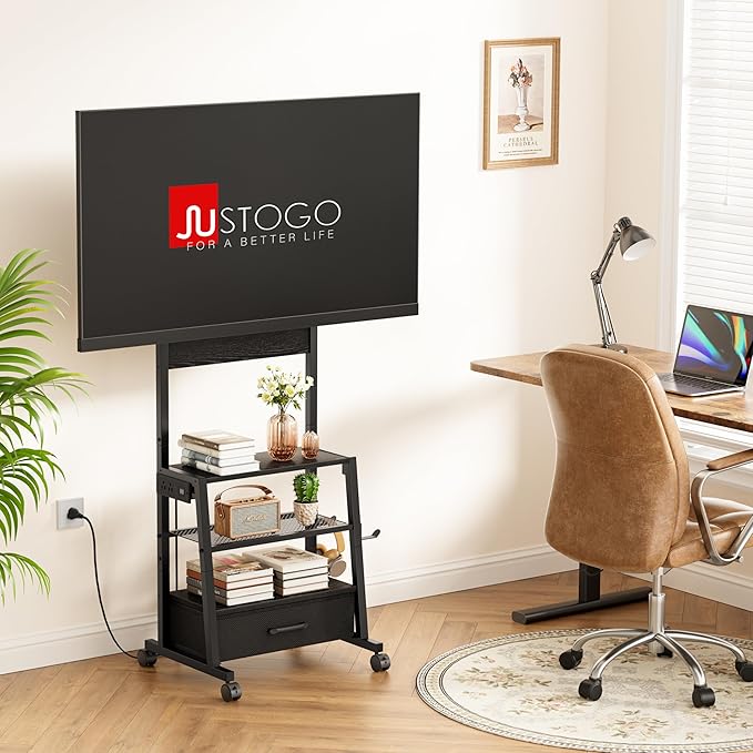 Rolling TV Stand with Wheels and Mount - Small Corner TV Stand with Power Outlet for 32-55 inch TV Entertainment Center with Fabric Drawer Storage for Living Room Bedroom Black