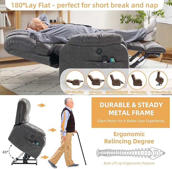 Lay Flat Sleeping Dual OKIN Motor Electric Lift Recliner w/Heat Massage for Big Man Large Infinite Position Reclining Chair Up to 350 LBS for Living Room 2 Remote Controls/USB Port Grey