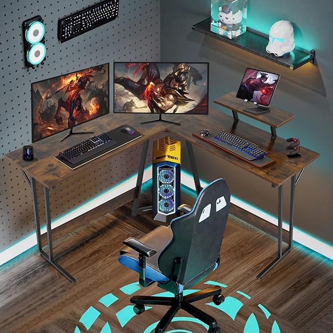 51 Inch L Shaped Gaming Desk Corner Computer Desk with Detachable Monitor Stand for Home Office Learning Gaming WorkstationBrown