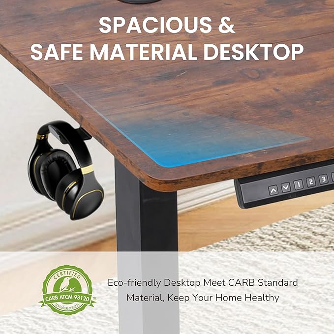 Hexago Electric Adjustable Height Standing Desk - 55 x 24 inch Sit to Stand Up Desk with Splice Board Rising Home Office Computer Table with 2 Hook and Wire Hole for Work -Rustic Brown