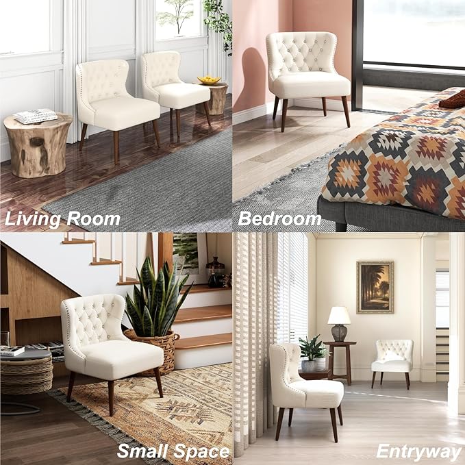 chairus Tufted Slipper Accent Chairs Set of 2 Linen Upholstered Armless Living Room Chairs with Nailhead Trim Mid-Century Modern Wingback Side Chairs for Bedroom Office Reception Beige