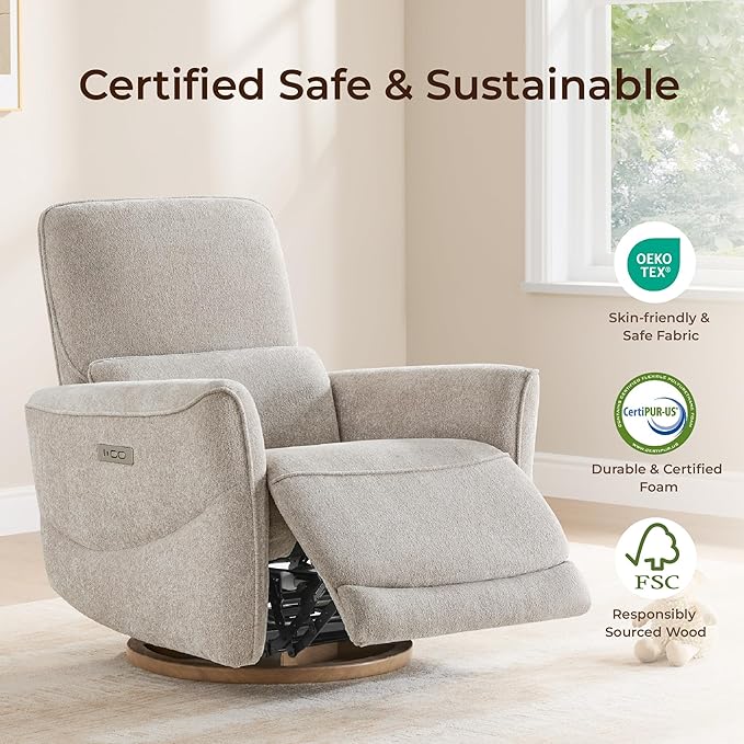 CHITA Power Nursery Rocking Chair Swivel Glider Recliner Chair with Solid Wood Base Bulit-in USB &amp Type-C Charging Ports for Living Room FSC Certified Taupe