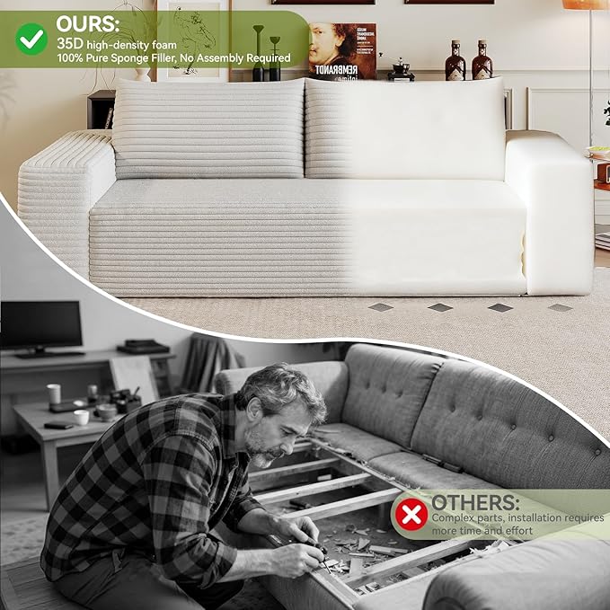 Boneless Cloud Loveseat Couch No Assembly Required Sofa in a Box 63/71 2 Seater Corduroy Compression Couch for Living Room Bedroom Apartment (White 63) | Comfortable