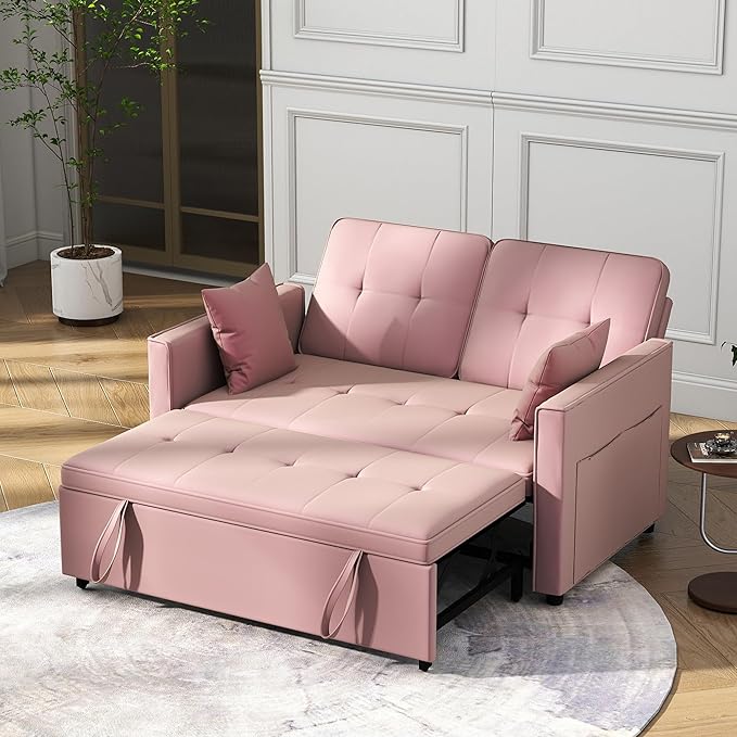Loveseat Sleeper Sofa Bed Couch: Queen Sleeper Chair Pull Out Bed for Living Room Pink Velvet Couch Beds for Small Spaces 3 in 1 Convertible Sofa with Armrests