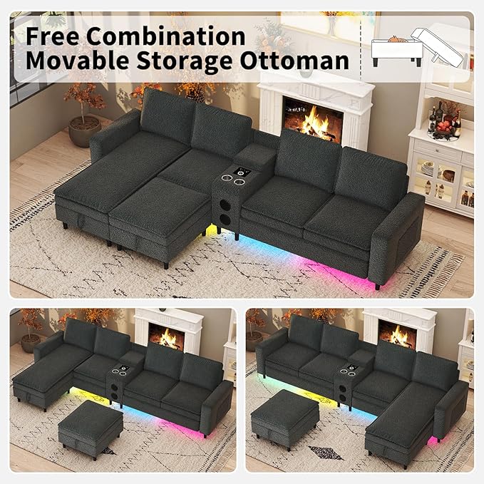 Sectional Couches for Living Room 6 Seat Sectional Sofa with Bluetooth Speaker/RGB Light/Charging Station Teddy Fleece U Shaped Couch with Storage Ottoman and Reversible Chaise Lounge - Dark Grey