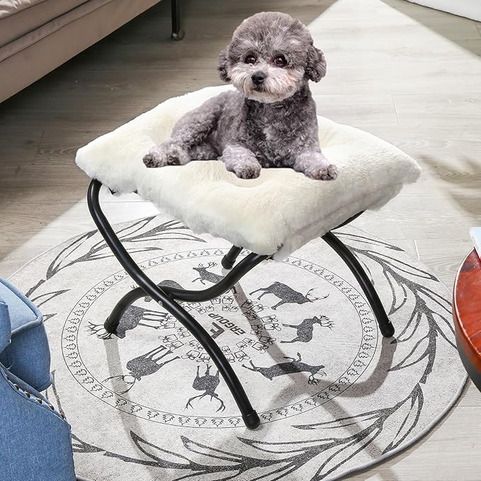15 Foldable Foot Stool Ottoman with Metal Frame - Washable Faux Fur Beige Upholstered Indoor/Outdoor Footrest for Living Room Bedroom Patio - Space-Saving Compact Design
