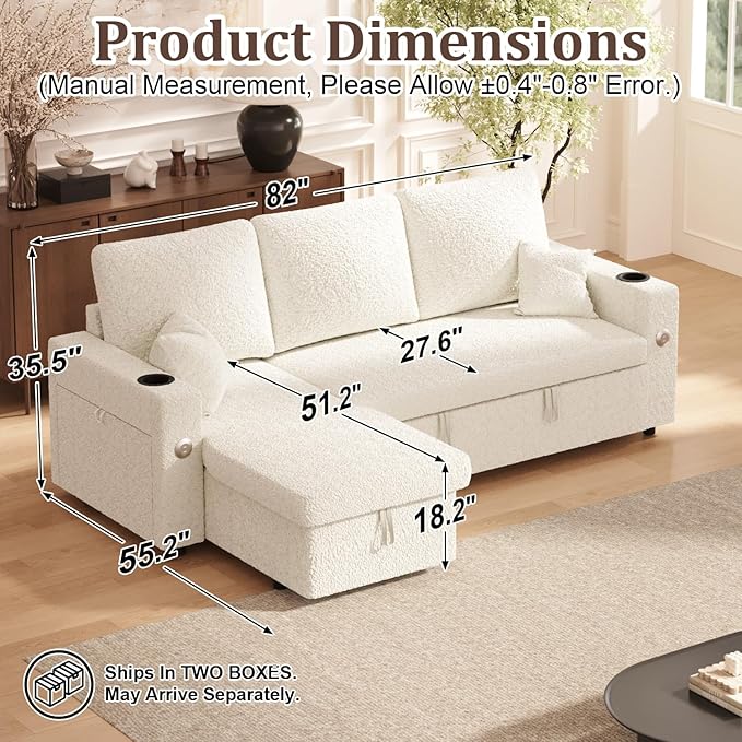 Sleeper Sofa Bed 4-in-1 Pull Out Couch with Reversible Chaise | Dual USB &amp Type-C Charging | Dual Cup Holders | Layered Storage (Armrest + Chaise) for Living Room Apartment Home Office (White)