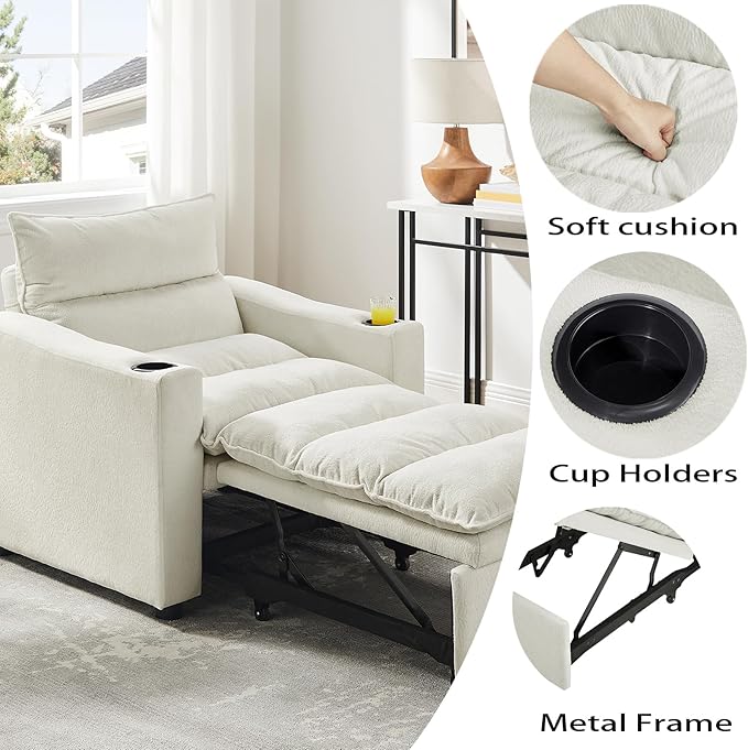 3-in-1 Convertible Sleeper Chair Bed Adjustable Pull-Out Sleeper Sofa Chair Modern Futon Sofa Bed Loveseat with Adjustable Backrest for Living Room Small Space (Beige 36 W)