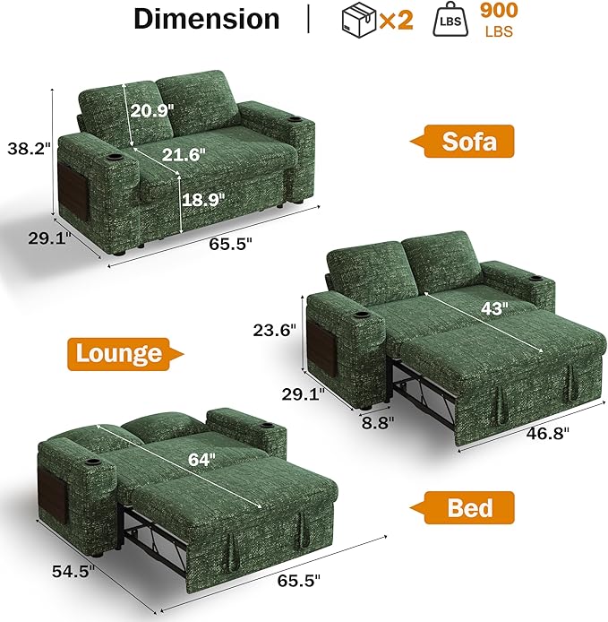 Vipbear 65 Loveseat Sleeper Sofa with Pull Out Bed Chenille 3-in-1 Convertible Sofa Bed with Reclining Backrest|USB Ports|Cup Holders|Side Table|Storage Armrests Tool Free Assembly Green
