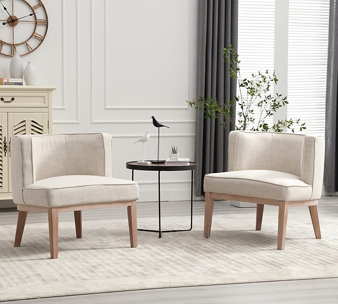 Wahson Set of 2 Farmhouse Style Comfy Living Room Chair Linen Upholstered Small Mid Century Round Accent Bedroom Chair for Small Spaces Beige