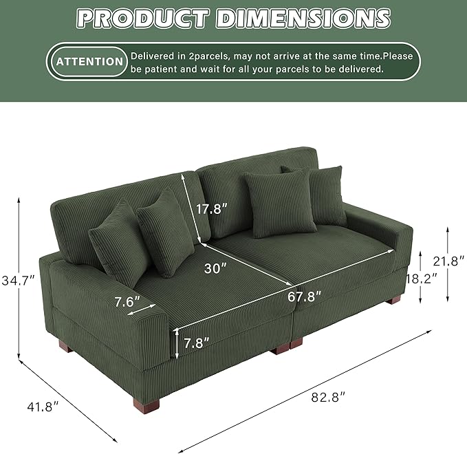 82 Loveseat Sofa Comfy Corduroy Fluffy Couch with Deep Seat Upholstered 2-Seater Sofa Bed for Living Room Bedroom Green