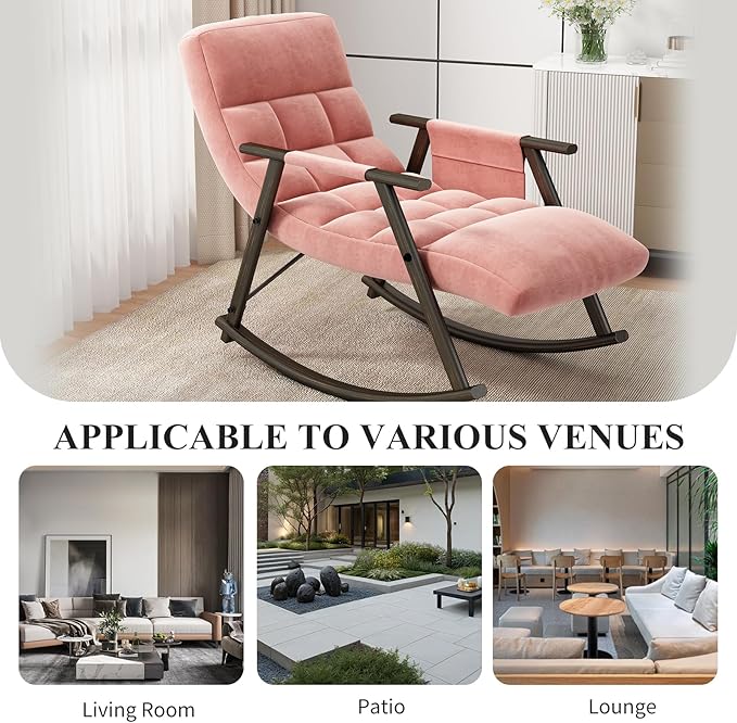 NIOIIKIT Nursery Rocking Chair Velvet Upholstered Rocker Chair with Adjustable Back&ampFootrest Reclining Glider Chair with Side Pocket Tufted Glider Rocker Armchair for Living Room (Pink Velvet)