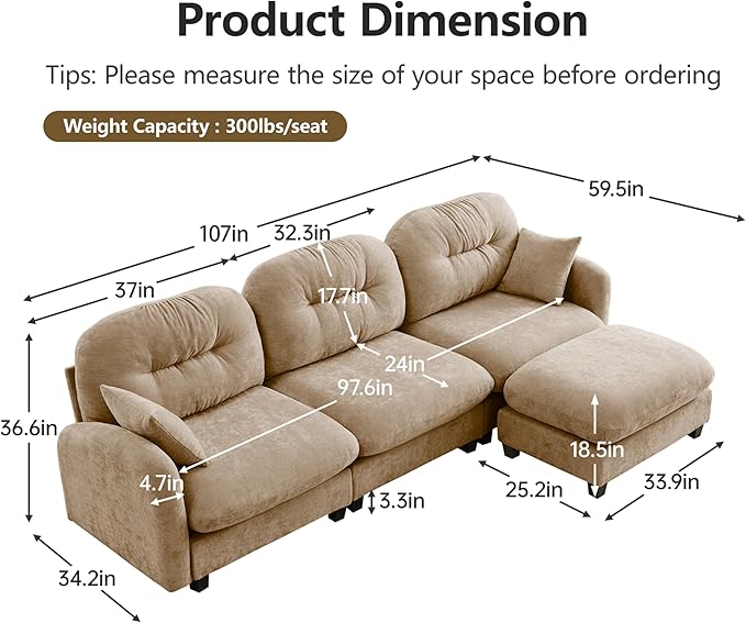 mikibama 107 Chenille Cloud Sofa Couch with OttomanModern Modular Sectional 3 Seater L-Shaped Sofas with Deep SeatChic L Shape Couch with Chaise Lounge &amp Curved Arms for Living Room(Camel3S+1O