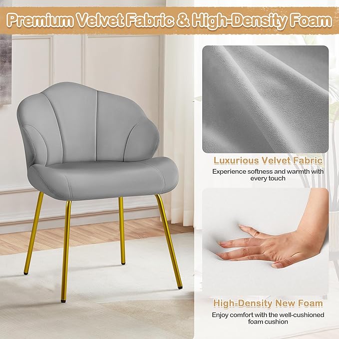 Yaheetech Vanity Chair Velvet Accent Chair with Shell-Shaped Backrest Modern Armchair with Gold Metal Legs for Dressing Room/Bedroom/Living Room Light Gray