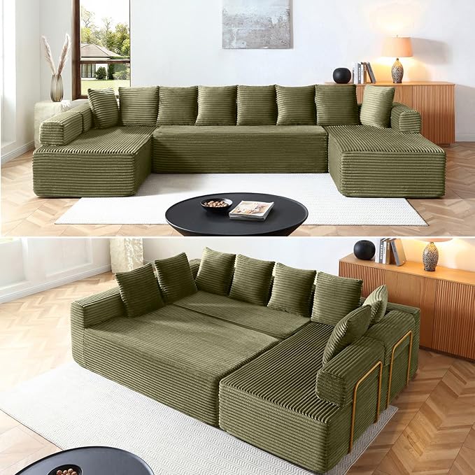 145 Oversized Cloud Boneless Sectional Sofa with Chaise Corduroy U Shaped Modular Couch with Deep Seat Fixed Frame Comfy Corner Sofa No Assembly Required (Green)