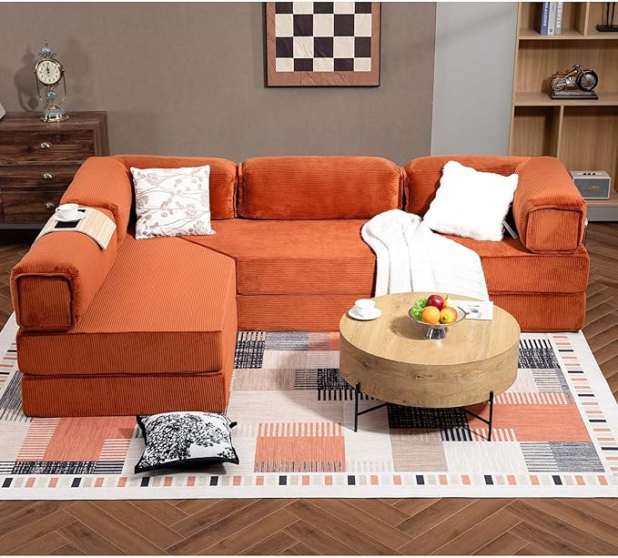 MEISSALIVVE 108 L Shaped Boneless Couch Orange Modular Sectional Sofa with Chaise Cloud Sectional Couch with Deep Seat &amp Removable Pillow for Living Room No Assembly Required