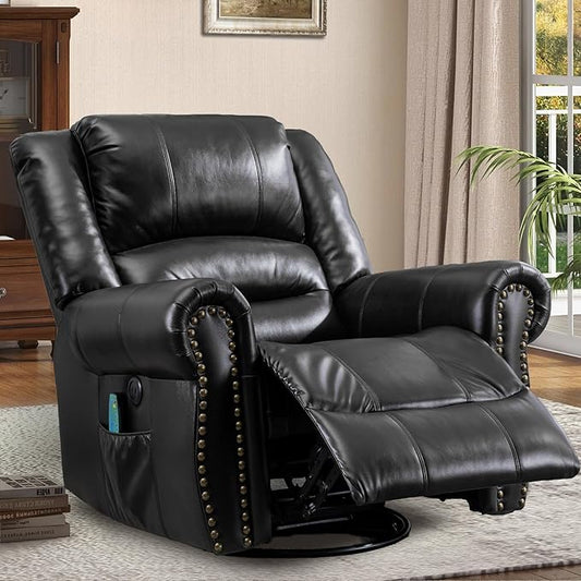 Manual Massage Recliner with Heating Function 360° Swivel Glider Rocking Recliner Chair for Living Room Ergonomic Single Sofa Chair with Remote Control/USB Ports/Side Pockets(Black)