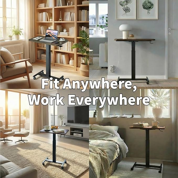 HUANUO Small Rolling Laptop Standing Desk Height Adjustable Mobile T-Base Desk with Lockable Casters Portable Sit-Stand Workstation for Bedside &amp Sofa Walnut