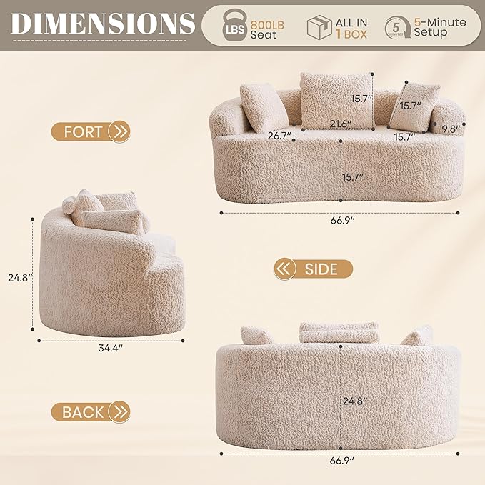 Premium Curved Loveseat Sofa Full-Compression 2-Seat Couch with Enhanced Back Support Modern Fabric Loveseat with Pillows Compact Luxury Sofa for Living Room or Apartment (Cream)