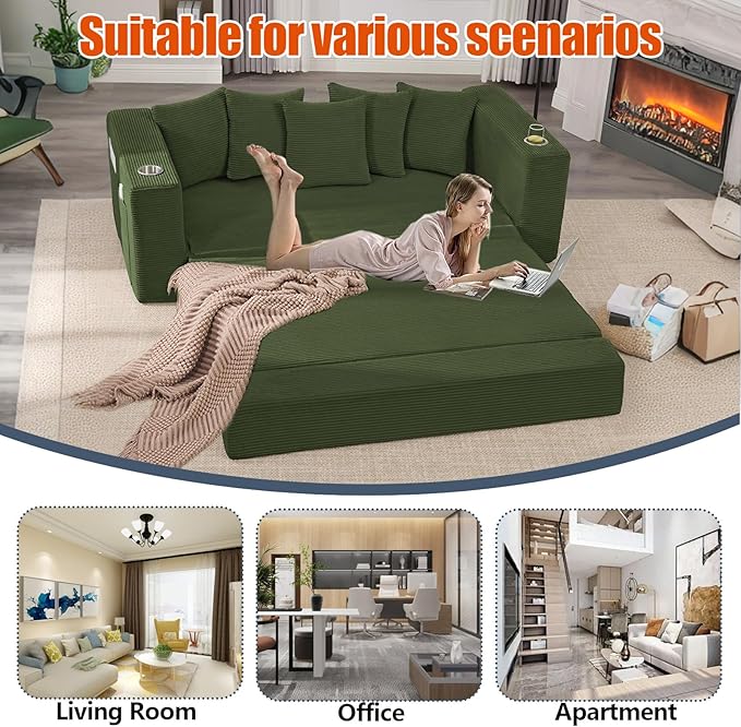 Anwick 2-in-1 Convertible Sleeper Sofa Bed Corduroy Boneless Loveseat Cloud Couch for Living Room Compressed Sofa in a Box 5 Pillows Fixed Frames Side Pockets &amp Cup Holders No Assembly (Gree