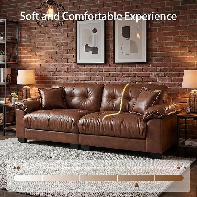 Faux Leather Sofa Mid Century Modern Deep Loveseats Comfy Cloud Couch Tufted Pillow Top Arm Furniture for Living Room Apartment Cognac Brown