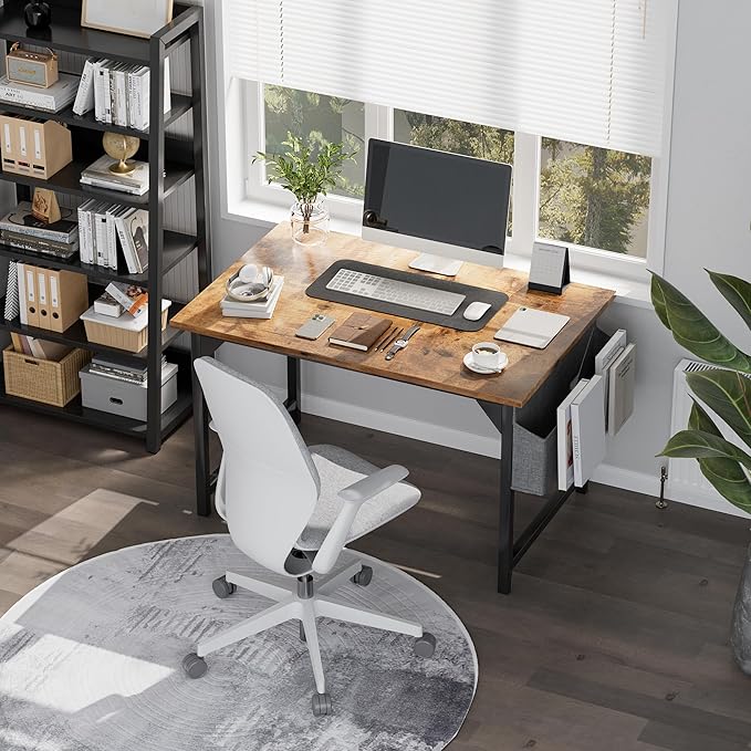 Shahoo 40 Inch Computer Desk Wood Modern Simple PC Home Office Table for Small Spaces with Storage Bag and Headphone Hook for Home Office Study Writing Rustic Brown
