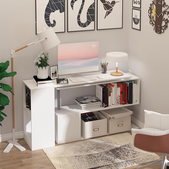 55 360° Rotating Corner Computer Desk Modern L Shaped Home Office Workstation with 3 Tier Storage Shelves Bookshelf White