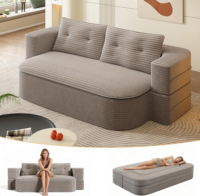 78.7'' Full Size Folding Sofa Bed 2-in-1 Convertible Floor Sofa Bed Corduroy Boneless Couch with Blanket Memory Foam Sleeper SofaBed Loveseat Couches for Living Room No Assembly Coffee