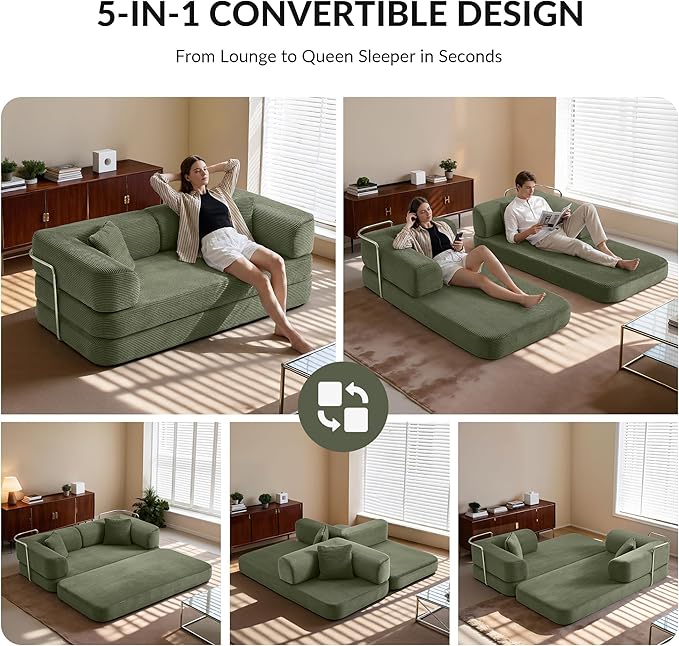 5-in-1 Convertible Sofa Bed Boneless Floor Couch Queen Size with Magic Pillow Blankets Zero-Assembly Sleeper Futon for Apartments Renters &amp Micro-Living Spaces Green