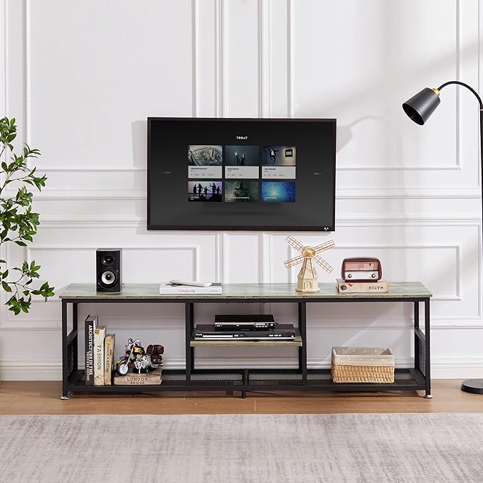 VECELO TV Stand for Televisions up to 80 Inch 70 Entertainment Center with Open Storage Shelves for Living Room/Bedroom 3 Tiers Media Console Table Frame 70 Inches Grey +Metal