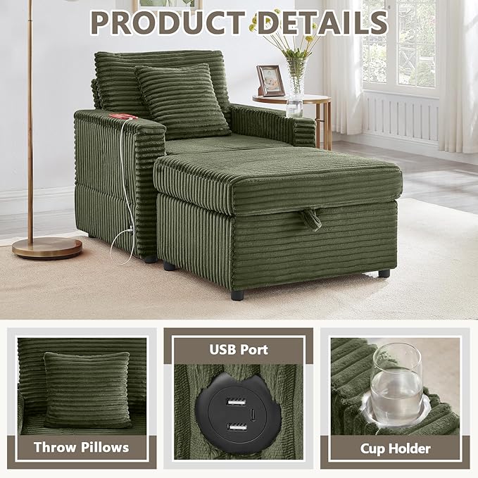 Chaise Lounge Chair Indoor with Ottoman Corduroy Sofa Bed with Table Board USB Ports Cup Holder &amp Pillow Boneless Chaise Lounge for Storage Space Living Room Bedroom Apartment (Green)