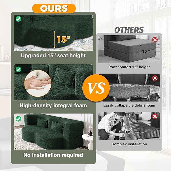 78 Convertible Folding Sofa Bed 2-in-1 Full Size Floor Boneless Couch Bed Loveseat sleeper Couch  Teddy Floor Sofa Memory Foam Sleeper SofaBed Small couches for small spaces No Assembly (Green)