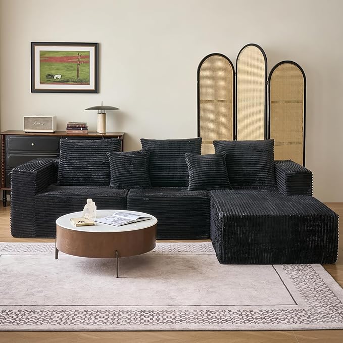 108'' Boneless Couch Sectional Boneless Couch w/Deep Seat Cloud Boneless Couches w/Stripe&amp Flannel Fabrics Boneless L Shaped Couches for Living Room Right Facing Chaise Black