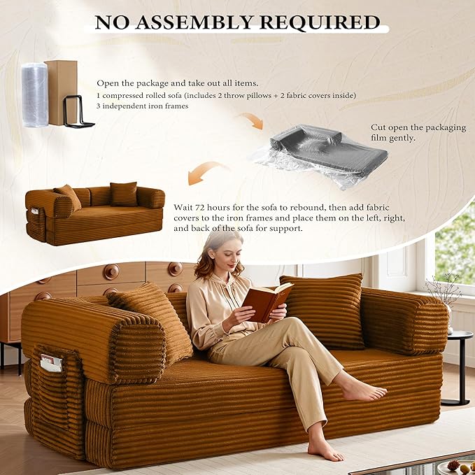 Boneless Couch Folding Couches for Living Room Sofa Futon Sofa Bed with Sleeper Sofa Futon Couch with Fixed-Shape Oversized Corduroy Upholstered (Orange 81 Inches)