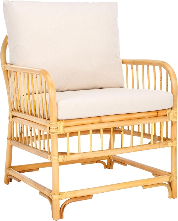 SAFAVIEH Home Collection Reiley Tropical Coastal White/Natural Accent Chair with Cushion (Fully Assembled)
