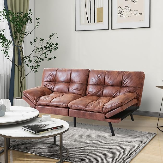 MUUEGM Faux Leather Futon Bed Convertible Memory Foam Sofa Bed Modern Love Seat for Living RoomCompact SpaceApartmentOfficeAdjustable Backrests Armrests Couch Sleeper71 Sofas Brown