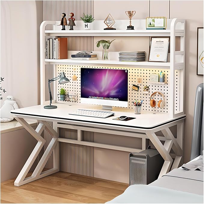 Gaming Desk with Pegboard and Storage Shelves Computer Desk with Home Office Design Modern Office Desk with Spacious Computer Workspace for Home Office and Gaming Setup (White 39.4 in)